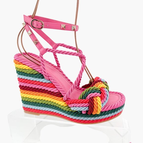 Valentino Garavani Torchon Rainbow Wedge Sandals EU 36 US 6 Rockstud Braided - Picture 9 of 13